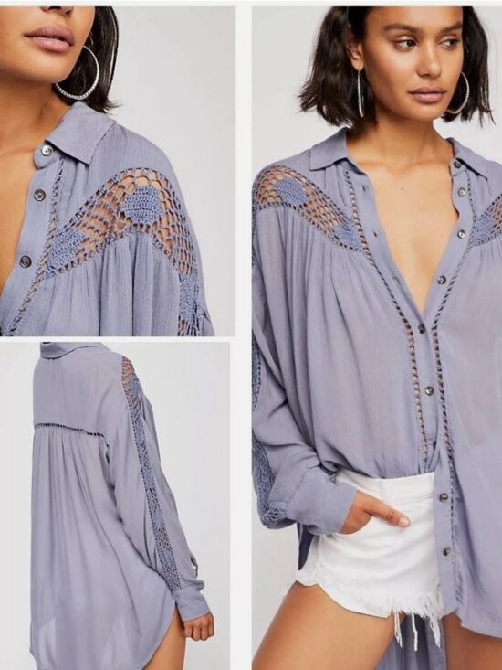 Free People Tops - Free People Katie Bird Buttondown Blouse Blue Size XS